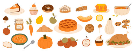 Autumn seasonal food. Thanksgiving set. Pie, apples, pumpkin, turkey and pumpkin soup. Thanksgiving, autumn and harvest concept. Vector flat illustrationのイラスト素材