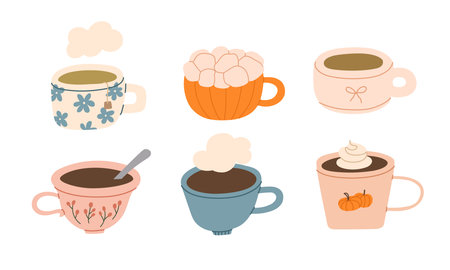Set of cute autumn mugs with coffee, cocoa with marshmallow and tea. Cozy fall cups. Warm seasonal drinks, hygge vibes. Vector flat illustration.のイラスト素材