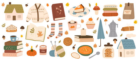 Hygge set. Hand drawn Scandinavian autumn elements. Cute sweater, knitting, candles, hot drink, pie, pumpkin spice latte, leaves. Comfortable lifestyle, cozy vibes. Vector flat illustration.のイラスト素材