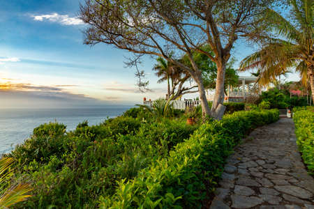 A beautiful tropical garden with a path to a pavilion, palm trees, ocean view, copy space, Samana, Dominican Republicの写真素材