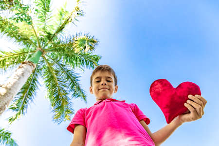 A smiling boy staying under a palm tree and holding red heart, copy spaceの写真素材