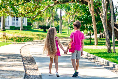 Two kids walking on in a park, holding hands, talking and looking at each other, the concept of friendship and love, back viewの写真素材