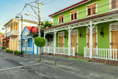 Old colorful typical historical hoses in the colonial style, downtown, Puerto Plata, Dominican Republicの写真素材