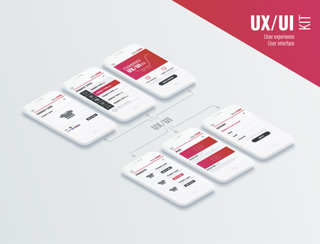 A conceptual mobile phones with a mobile app pagese. User experience, user interface in e-commerce. Website wireframe for mobile appsのイラスト素材