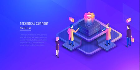 System of technical support. People interacting with the technical support center. Modern vector illustration isometric style.のイラスト素材