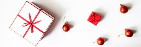 Banner. christmas composition. Gifts, red decorations on a white background. Christmas, winter, new...