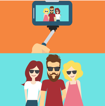 People Selfie Photo Hipster Friends Flat Vector Illustrationのイラスト素材