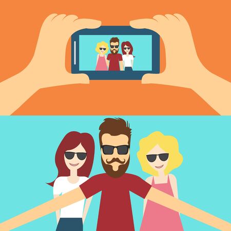 People Selfie Photo Hipster Friends Flat  Illustrationのイラスト素材