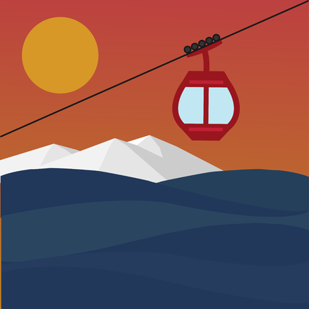 Ski Lift Gondola Snow Mountains sea on the sun  sunset landscape -  Illustrationのイラスト素材