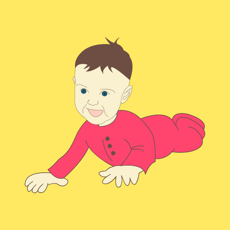 Portrait of curious baby sitting on his knees, thinking. The expression a smile and interest. Kids emotion faces. Smiling toddler girl sittingのイラスト素材