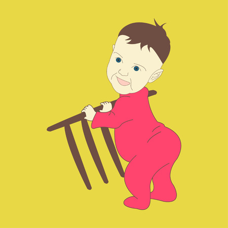 Portrait of curious baby standing holding on to the handrail. The expression a smile and interest. Kids emotion facesのイラスト素材