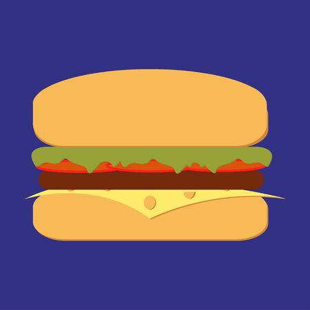 Burger grill . Burger in flat style. Burger isolated from background. Sub Burger with lettuce, tomato, meat and cheese bbq. Ham and vegetable Burger icon. French Burger Icon. Illustration of an appetizing cartoon fast food french Burger icon, with ham sliのイラスト素材