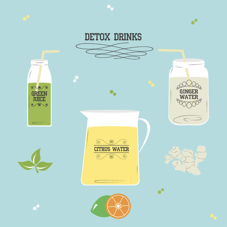 Detox drinks: ginger water, citrus water, green juiceのイラスト素材