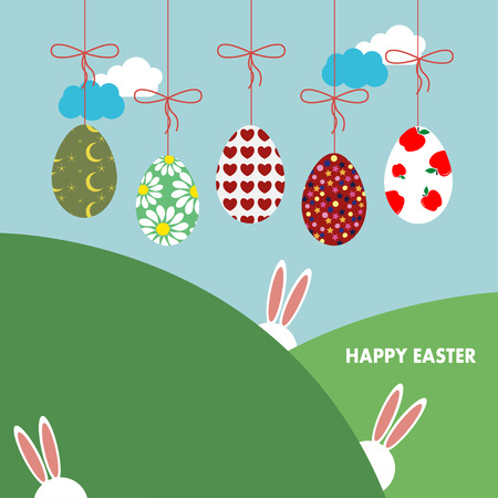 Vector illustration of Easter bunny ears card. Background with hanging eggs, rabbits and landscapeのイラスト素材
