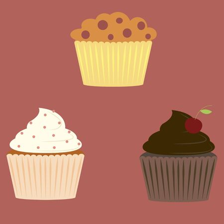 Muffin icon set. Blueberry, chocolate and chocolate chip. Vector flat design