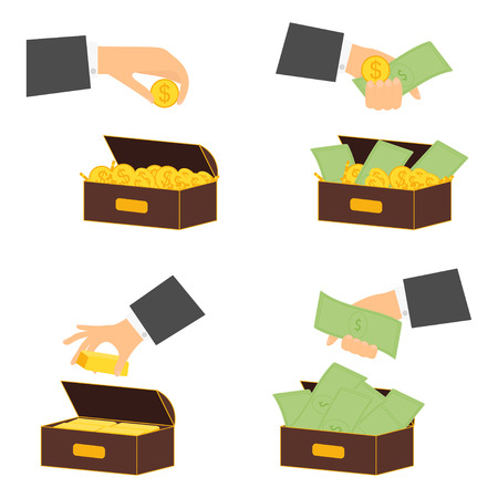 Businessman keeps and puts in a box bank notes money and gold coins. Investments, financial successのイラスト素材