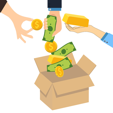 Crowdfunding concept in flat style. A lot of hands giving money for new business project. Vector colorful illustration in flat style isolatedのイラスト素材