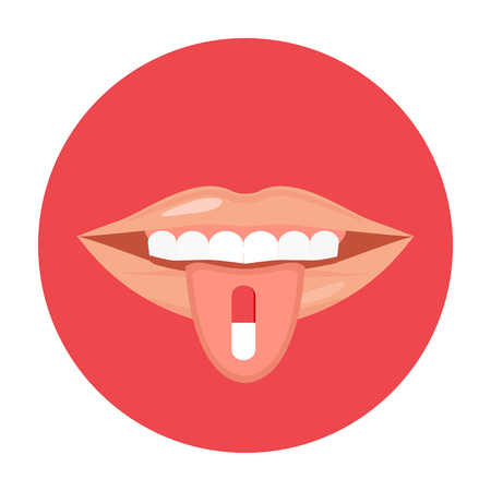 Concept illustration of the medicine, tablet, pill on tongue design iconのイラスト素材