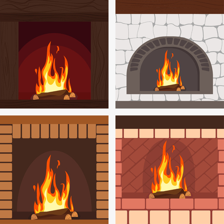 Fireplaces wooden and stone decoration set vectorのイラスト素材