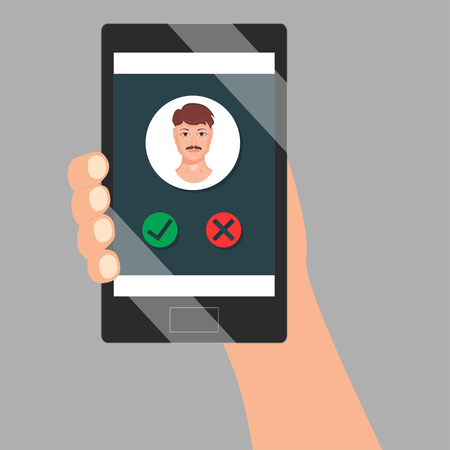 Incoming call screen on mobile phone holding in the hand.のイラスト素材