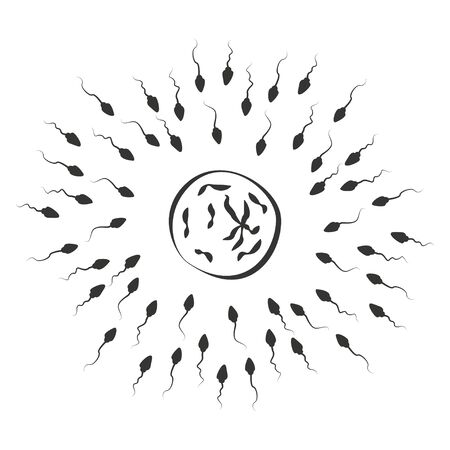Sperm set. Spermatozoids runs towards the egg, live competition concept iconのイラスト素材