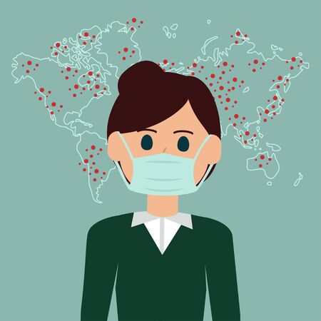 Coronavirus in World. Covid-19. Quarantine reporter womenのイラスト素材