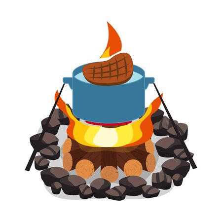 Camping bonfire, burning woodpile and round of stones, campfire or fireplace on firewood vector steak bbq and grill fireのイラスト素材