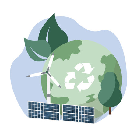 Green energy, swindmills and solar energy panels Environmental design vector illustration isolatedのイラスト素材