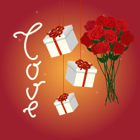 Love and flowers. Red roses, presents boxes Valentines day vector illustrationのイラスト素材