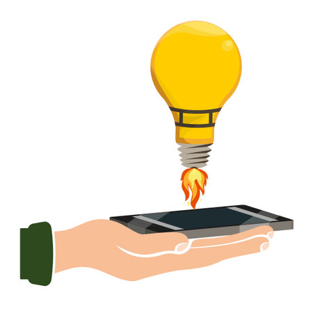 Hand holding mobile with light bulb jetpack vector illustration design isolatedのイラスト素材