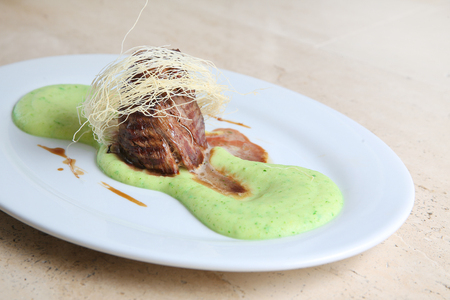 Fried meat with mashed potato pureeの写真素材