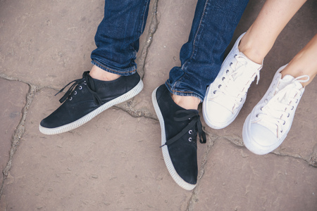top view of a pair of sneakersの写真素材