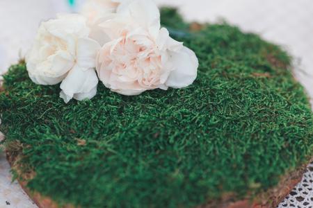 Rustic wedding photo zone. Hand made wedding decorations includes Photo Booth, wooden barrels and boxes, lanterns, suitcases and white flowersの写真素材