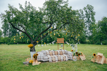 Rustic wedding photo zone. Hand made wedding decorations includes Photo Booth, wooden barrels and boxes, lanterns, suitcases and white flowersの写真素材