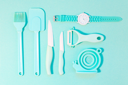 Cooking tools and kitchen utensil on color backgroundの写真素材