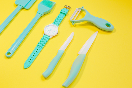 Cooking tools and kitchen utensil on color backgroundの写真素材
