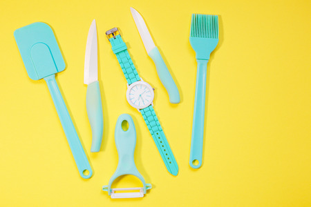 Cooking tools and kitchen utensil on color backgroundの写真素材