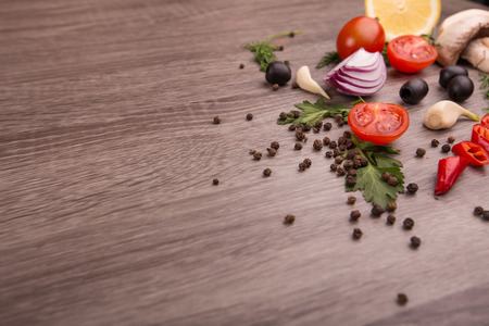 Healthy food background / studio photo of different fruits and vegetables on a wooden table. Copy space. High resolution productの写真素材