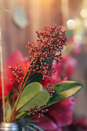 Rustic wedding photo zone. Hand made wedding decorations includes Photo Booth red flowers. Garlands and light bulbsの写真素材