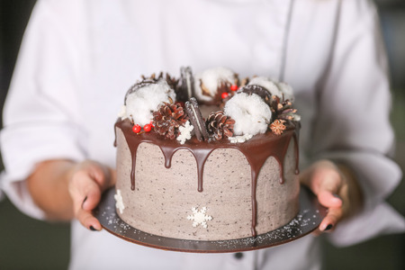 Baker holding Christmas cake with chocolate.の写真素材