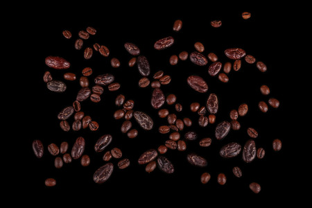 Roasted beans. Cocoa beans and coffee beans isolated on black background.の写真素材