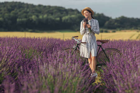 Young woman with retro bicycle and lavender bouquet on violet flowers field backgroundの写真素材