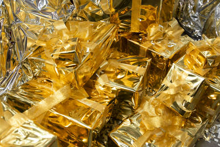 Gold photo zone with gifts and presents.の写真素材