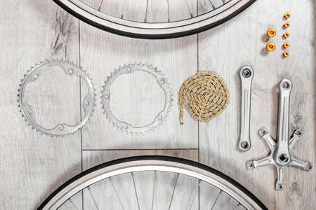 Vintage green bicycle frame and parts top viewの写真素材