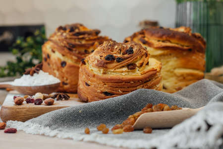 Easter traditional bread cake - Kraffin, panettone decorated on kitchen table