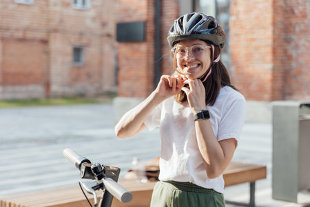 Woman is wearing protection helmet for riding electric scooterの写真素材
