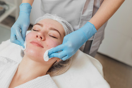 Facial cleansing before procedures in beauty clinic.の写真素材
