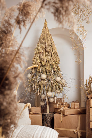 Christmas new year eco tree from wheat and rye ears and other craftmade decorationの写真素材