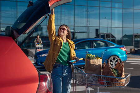 Woman opens car trunk to put groceries from shopping cartの写真素材