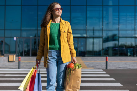 Woman in yellow jacket go crosswalk from a shopping mall with shopping bags with a groceries